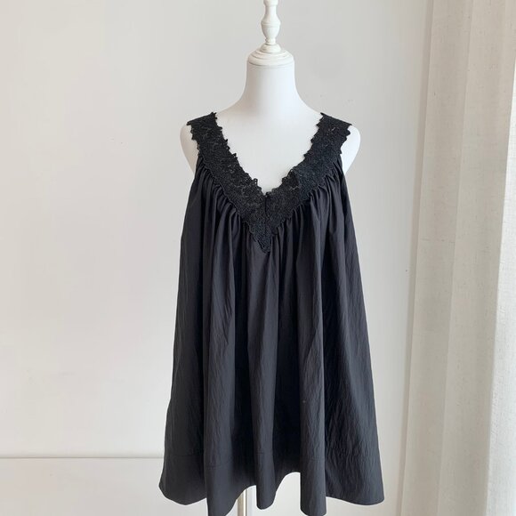 BEST Helsa Mini Dress With Lace in Tech Poplin Small Black Noir French Casual - Picture 4 of 10